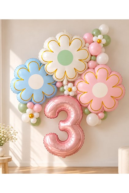 Party 3 Years Old Pastel Daisy Themed Birthday Balloon Set – Rose Gold Number Foil Balloon, Pink Blue Green Concept