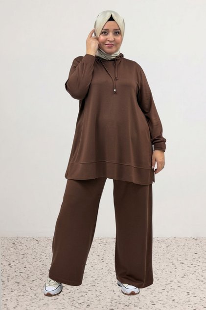 67085 Plus Size Modal Pants Suit with Side Pockets - Dark Brown