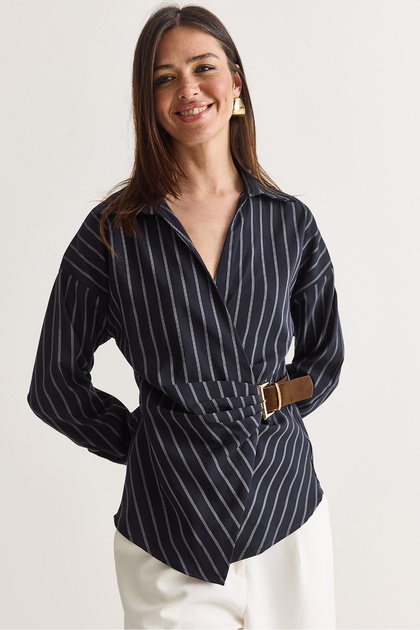 Women's Navy Blue Striped Double Breasted Collar Belt Detailed Waist Hugging Shirt 2370 60286690