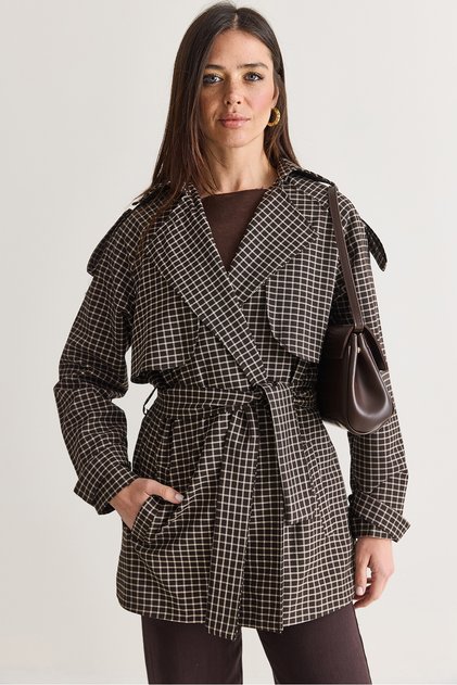 Women's Bitter Coffee Lined Plaid Patterned Belted Double Breasted Collar Pocket Detailed Trench Coat 7092 60286678