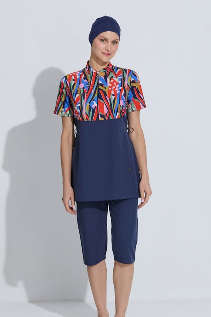Women's Semi-Closed Swimsuit Set 4 Pieces Short Sleeve Zippered Patterned Navy Blue