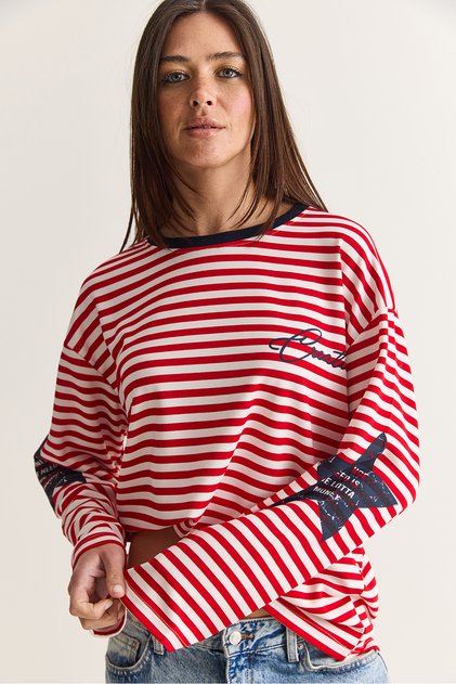 Women's Red-Navy Blue Text Printed Striped Crew Neck Oversize Spanish Sleeve Sweatshirt 2396 60286695