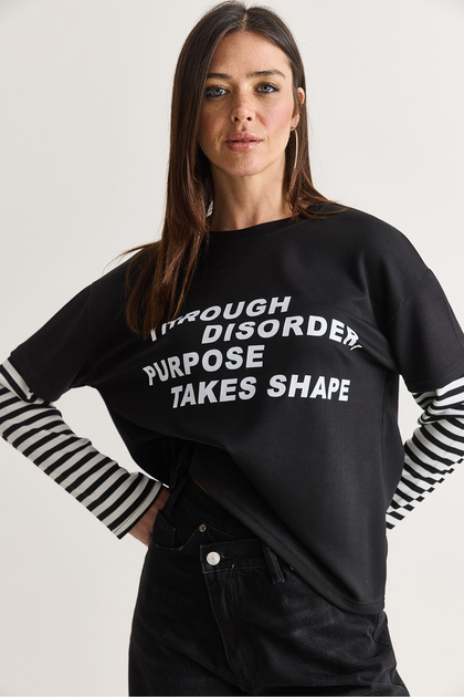Women's Black Text Printed Striped Layered Sleeve Crew Neck Oversize Sweatshirt 2387 60286693
