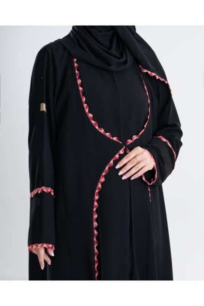Abaya Eilul with Royal Crepe Fabric Embellished with Burgundy Embroidery.
