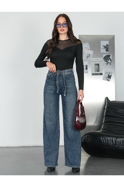 Women's Blue Belted High Waist Loose Wide Leg Jeans