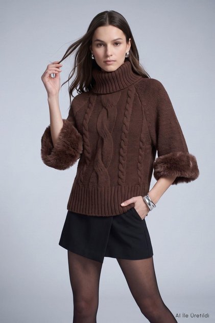 High-Necked Knitted Sweater with Fur Sleeves