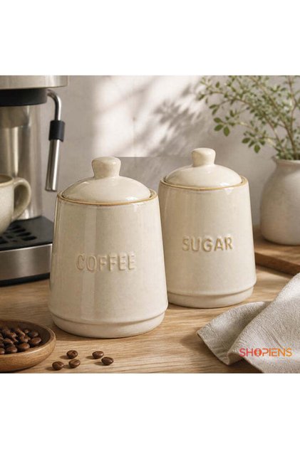 Set 2 Borcane Ceramice Pentru Cafea Si Zahar 300 ml Bej Shopiens®