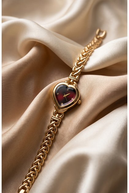 Women's Steel Watch with Gold Color & Burgundy Heart Design Dial | Vintage Luxury Old Money Women's Wristwatch | Limited Edition 2027