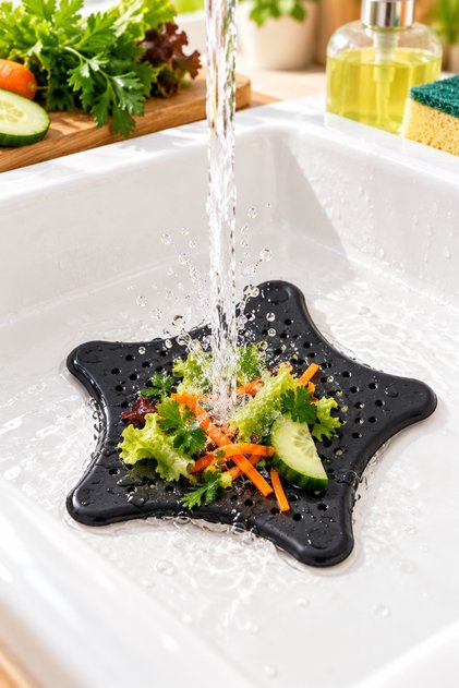 Tuffex Star-Shaped Suction Cup Sink Strainer – Black Kitchen and Bathroom Drain Strainer, Hair and Food Residue Catcher