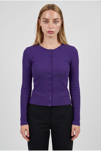 Women's purple ribbed knit button-down cardigan blouse with flexible button detail, long sleeves, and crew neck.