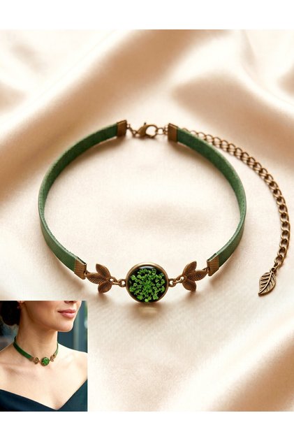 Genuine Leather Choker Necklace with Real Flowers