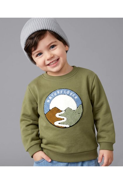 100% Cotton Heavy Guage Terry Knit Full Sleeves Sweatshirt with Nature Embroidery - Olive