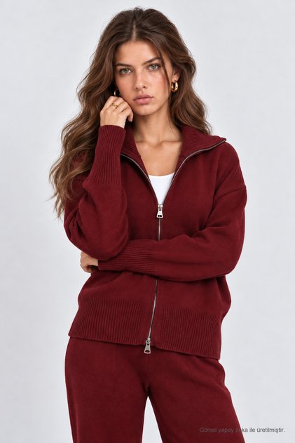 Zippered Cardigan Pants Knitwear Set Lan0077 Bordo