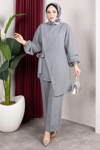 Waist-Tied 2-Piece Set Gray