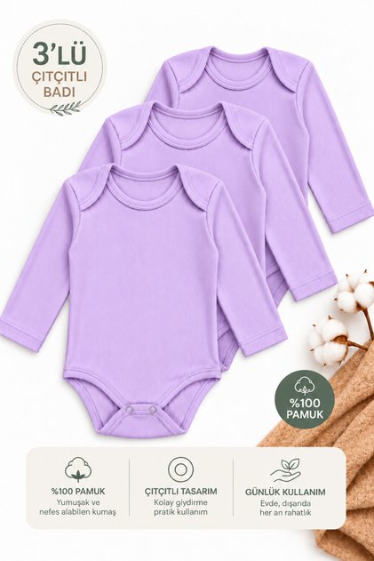 Baby Girl Set of 3 Lilac Colored Cotton Seasonal Long Sleeve Bodysuit with Snap Fasteners