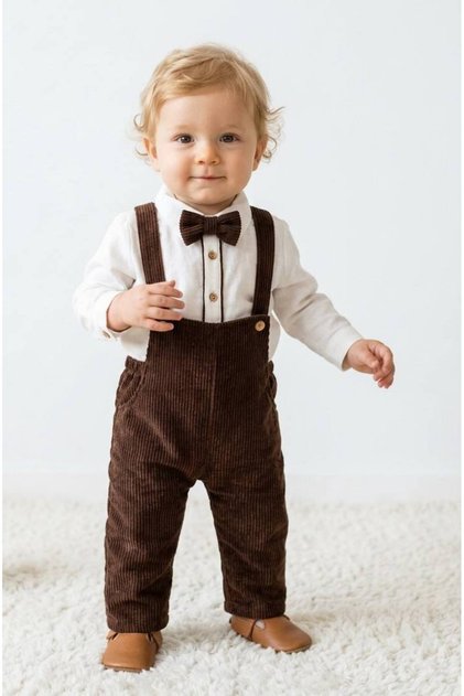 Baby Boy 100% Cotton Premium Velvet Jumpsuit & Shirt Bow Tie Two-Piece Set