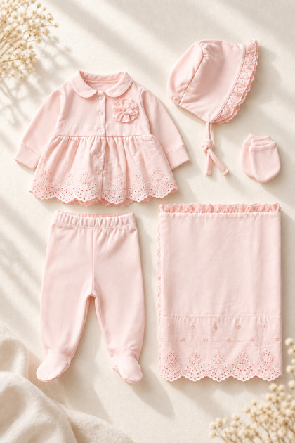 Baby Girl 5 Piece Premium 100% Cotton Hospital Discharge Set Embroidered Dress, Booties, Pants, Hat, Gloves, Blanket 0-3 Months