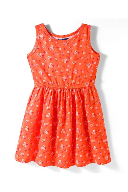 Cotton Knit Sleeveless Fit & Flared Frock with Floral Print- Orange