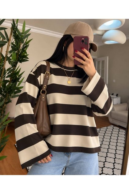 Women's Brown Striped Casual and Stylish Oversize Very Comfortable Blouse
