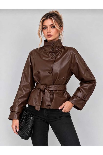 Women's Leather Trench Coat with Stand Collar and Lined Pockets - Coat-Jacket