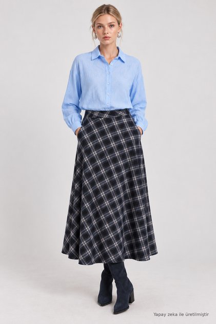 Plaid Patterned Flared Woven Skirt Laz0024 Dark Blue Gray