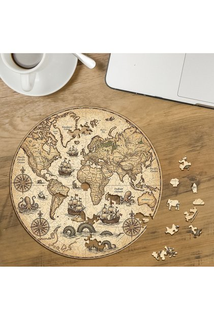 Antique World Map Design Custom Cut Round 272 Piece Wooden Puzzle Mpda791