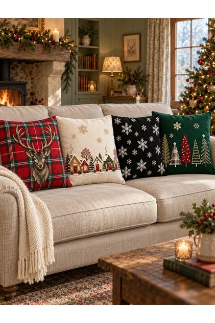 Country Christmas Concept Digital Printed Decorative Polyester 4-Piece Cushion Cover Set (Ydkr)
