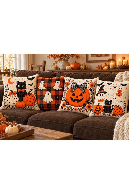 Pumpkin Fairy Tale Decorative Digitally Printed Velvet Textured Polyester 4-Piece Cushion Cover Set (Ydkr)