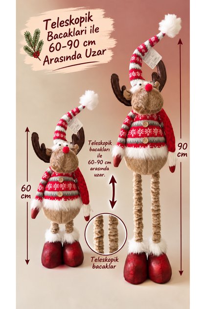 Yılbaşı Dekoratif Peluş Ren Geyiği Figürü Teleskopik Bacaklı Noel Geyiği 60-90 cm