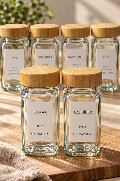 Bambufresh Set of 6 Glass Spice Jars with Bamboo Lids and Labels – with Perforated Inner Apparatus, 11 × 4 cm