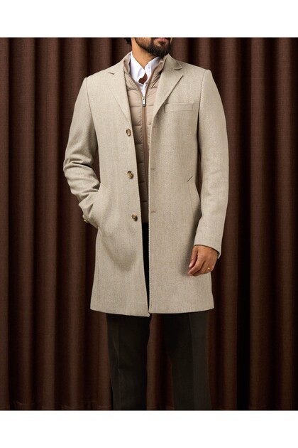Italian Style Slim Fit Drop Collar Herringbone Pattern Wool Blend Men's Coat Beige T15010