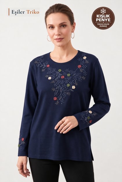 Women's Winter Heart Garden Pattern Embroidered Collar and Sleeves, Stoned Clover Fabric Mother Combed Cotton Blouse