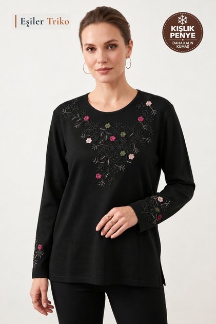 Women's Winter Heart Garden Pattern Embroidered Collar and Sleeves, Stoned Clover Fabric Mother Combed Cotton Blouse