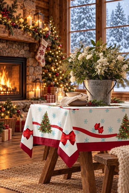 Red Bow Patterned Christmas Tablecloth – Christmas Patterned Decorative New Year Tablecloth