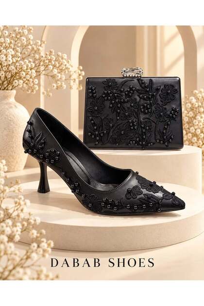 Vianel Women's Black Floral Embroidered Pearl Detailed Pointed Toe 7 cm Goblet Heeled Stiletto Shoes and Evening Dress Bag