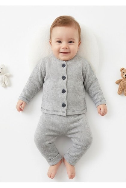 Unisex Bebek Gri Triko Örgü Alt Üst Takım - Düğmeli Hırka Ve Pantolon İkili Set (Yenidoğan 0-3 Ay)