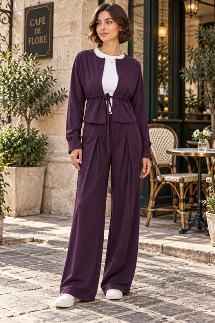 Women's Front-Tie Jacket Pleated Wide-Leg Pants Set