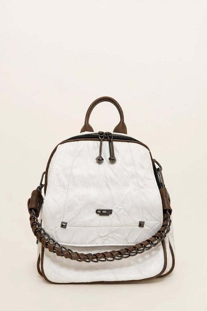 Women's Vintage Leather Look Chain Detailed Zippered Mini Shoulder and Backpack Bag White 17635