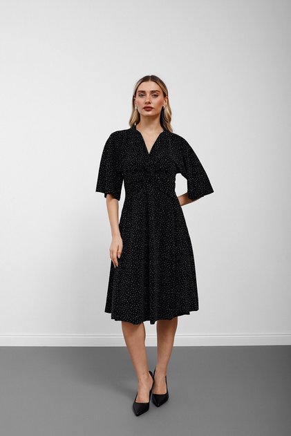 Black V-Neck Front Knotted Short Sleeve Glittery Stone Midi Dress