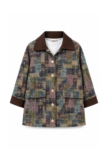 Women's Jacquard Woven Jacket with Suede Detail on Sleeves and Collar, Ethnic Patterned Jacket 6026 - Premium Series