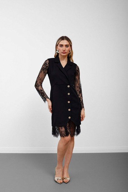 Black Double-Breasted Lace Sleeve Jacket Dress