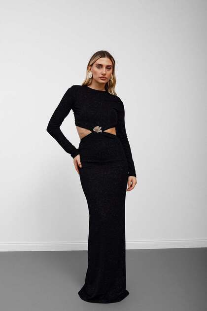 Black Low-Back Long Dress with Waist Buckle