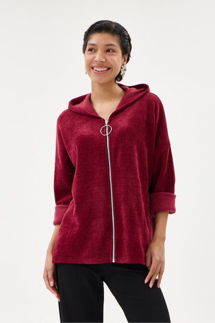 Women's Burgundy Italian Hooded Zippered Oversize Velvet Jacket Size 38 - 44