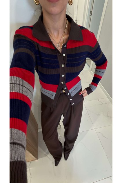 Kolre Brown Red Striped Polo Collar Cardigan