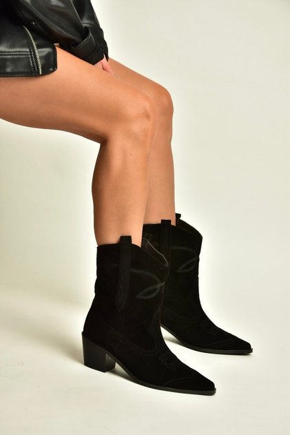 Z654079061 Black Genuine Leather Suede Cowboy Model Low Heel Boots