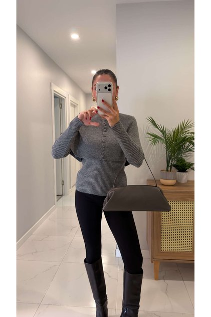 Galsy Gray Buttoned Poncho Knitwear Double Set