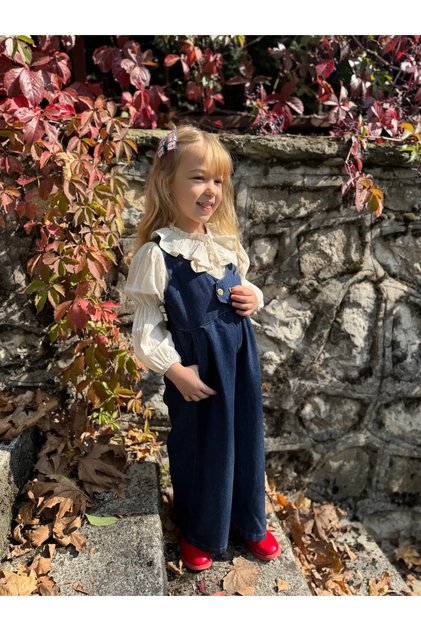 Girl's Ecru Shirt & Denim Overalls Set