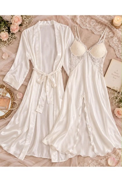 Ecru Lace Detailed Long Satin Nightgown and Robe Set