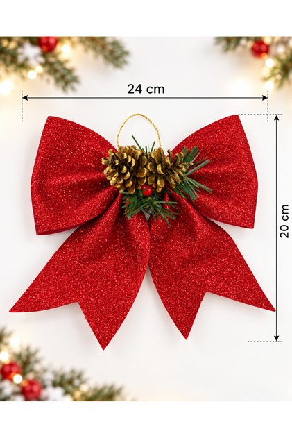 Christmas Bow Ornament 24X20 cm Red Glittered Pine Cone and Pine Branch Decorative Christmas Ribbon Ornament Door and Pine Tree Ornament
