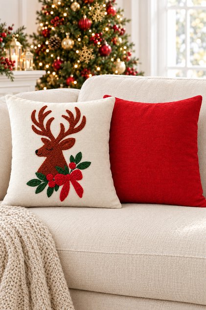 New Year's Themed Punch Embroidered 2-Piece Throw Pillow Cover Set | Zippered 42X42 cm | Modern Sofa Throw Pillow, Christmas Patterned, Decorative